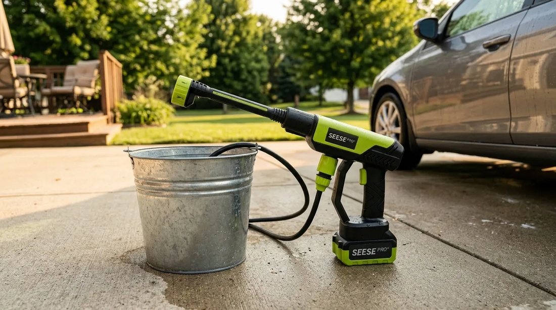 A cordless pressure washer resting beside a galvanised bucket on a driveway next to a car