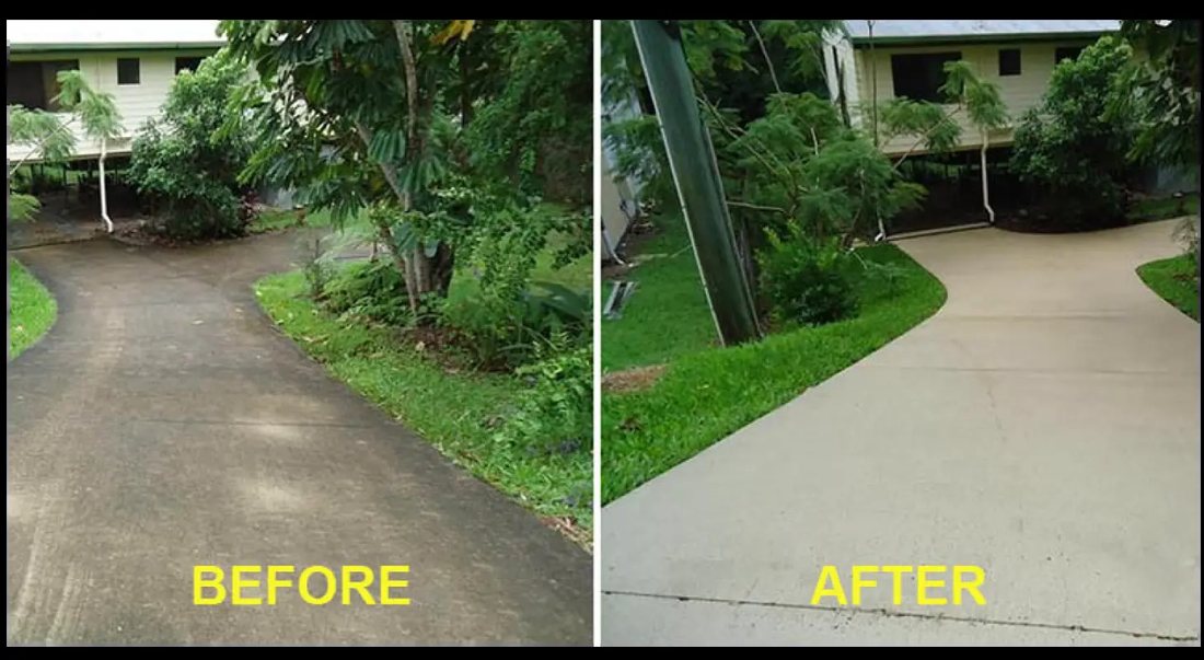 Before and after comparison of a mossy driveway cleaned to bare concrete