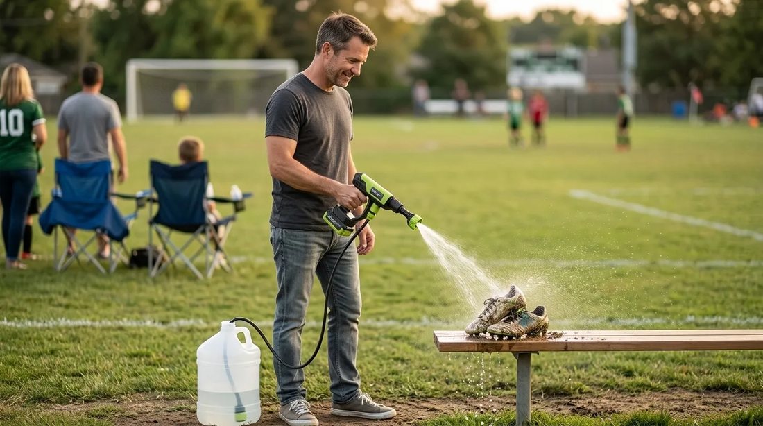 A man rinsing equipment at the side of a sports field using a portable washer and a water container