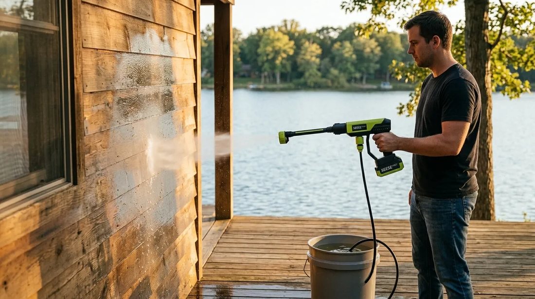 A man cleaning the timber cladding of a lakeside cabin
