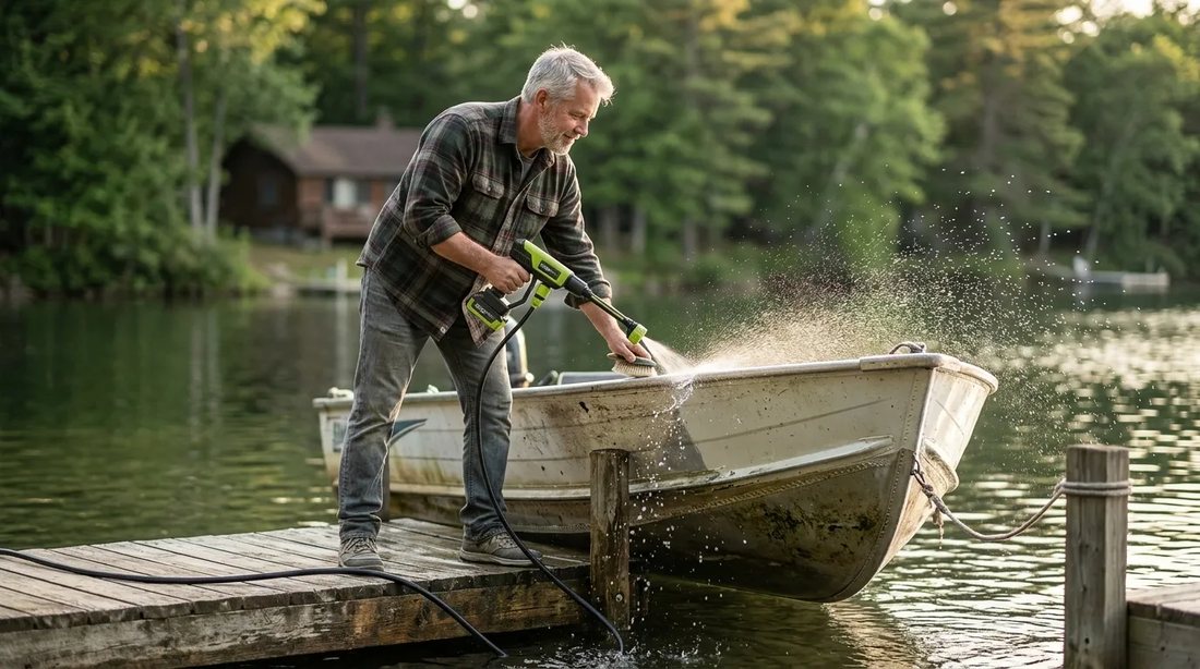 A man washing down a small boat on a jetty, drawing water from the lake